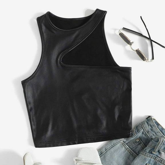 SNKSDGM Female Spaghetti Strap Tank Top Workout Womens Tank Tops Fitted Ribbed Womens Strappy Tank Tops Ladies Sexy Leather Vest Sexy Short Top M