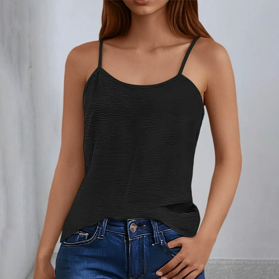 SNKSDGM Female Square Neck Tank Top Women Crop White Tank Top Woman Crop Plus Size Solid Color Ice Silk Wrinkled Backless Loose Suspender Vest Top M