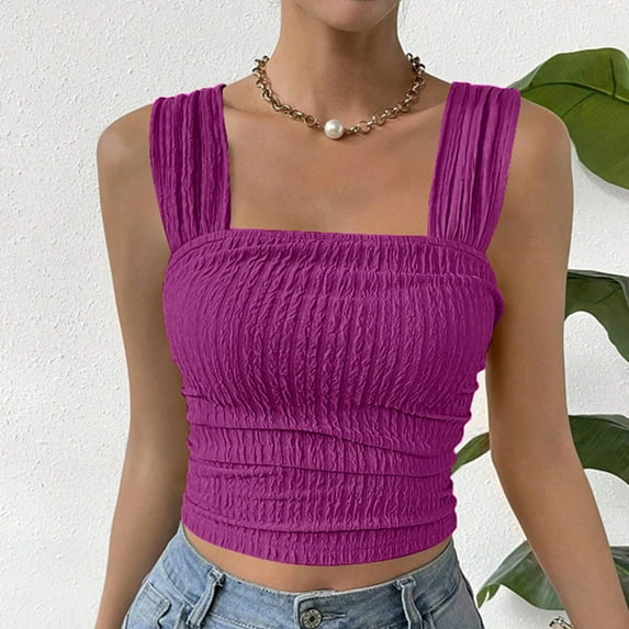 SNKSDGM Female Summer Tank Tops for Women Crop Summer Tank Tops for Women Plus Size Women's Solid Color Fashionable Sleeveless Open Navel Square Neck Shoulder Strap Vest Top L
