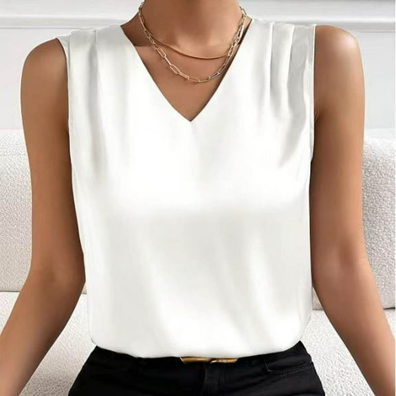 SNKSDGM Female Summer Tank Tops for Women Trendy Spaghetti Strap Tank Top Crop Women Summer V Neck Casual Soild Color Satin Sleeveless Basic Vest Shirt Fashionable Sleeveless Top M