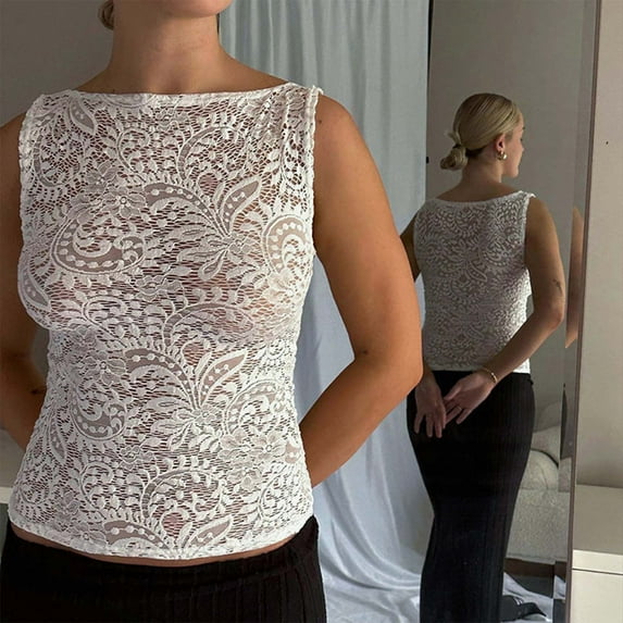 SNKSDGM Female Summer Tank Tops for Women Trendy Tank Top for Women Cropped Pack Women's Casual Round Neck Cover Slim Splicing Solid Color Lace Vest Top S