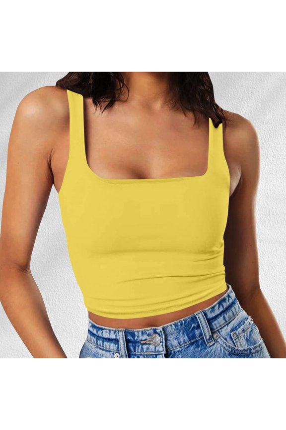 Female Summer Tank Tops for Women Trendy Womens Ribbed Tank Top Xxl Black Women Sleeveless Vest Square Neck Double Layer Fitness Casual Short Top Vest M