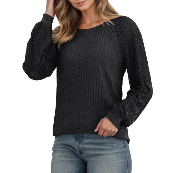 SNKSDGM Female T-Shirts Long Sleeve Blouses for Women Fall Dressy Casual Blouses Women's Long Sleeve Knit T Shirt Soft Brushed Ribbed Lace Trim Loose Fit Round Neck Casual Top for Fall Winter Xxl