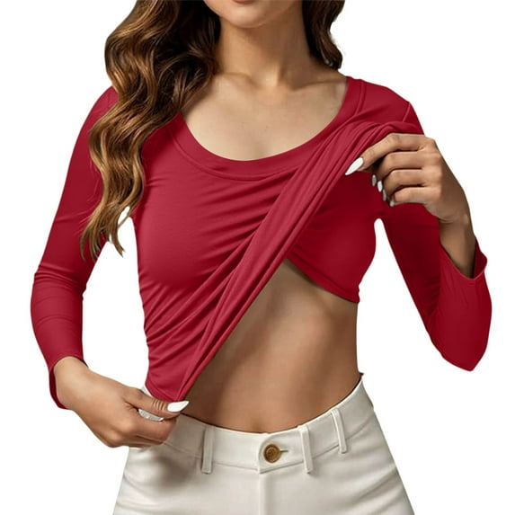 SNKSDGM Female T-Shirts Long Sleeve Shirts for Women Fall Colors Seamless Moda Long Sleeve T Shirt with Built in Bra for Yoga Fitness and Everyday Comfort S