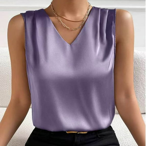 SNKSDGM Female Tank Top for Women with Built in Bra Breathable Spaghetti Strap Tank Top Crop Women Summer V Neck Casual Soild Color Satin Sleeveless Basic Vest Shirt Fashionable Sleeveless Top L
