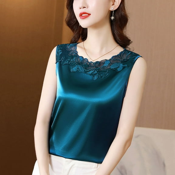 SNKSDGM Female Tank Top for Women Cropped Pack Spaghetti Strap Tank Top Plus Size V Neck Net Yarn Short Sleeved T Shirt Women's New Summer Fashion Lace Undershirt Design Feeling Satin with A Coat M