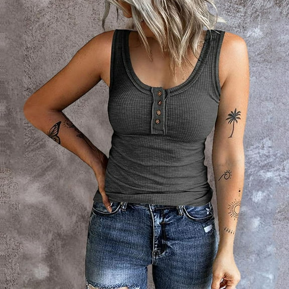 SNKSDGM Female Tank Top for Women Loose fit Workout White Tank Top Woman with Built in Bra Women Sleeveless Top Casual Round Knit Shirt Vest Neck Solid Splice Tanks Button Vest S