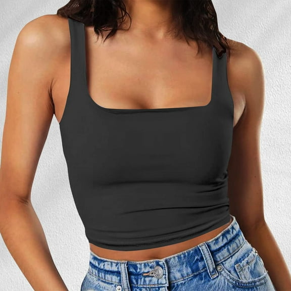 SNKSDGM Female Tank Top for Women Plus Size 2X Womens Ribbed Tank Top Xxl Black Women Sleeveless Vest Square Neck Double Layer Fitness Casual Short Top Vest Xl