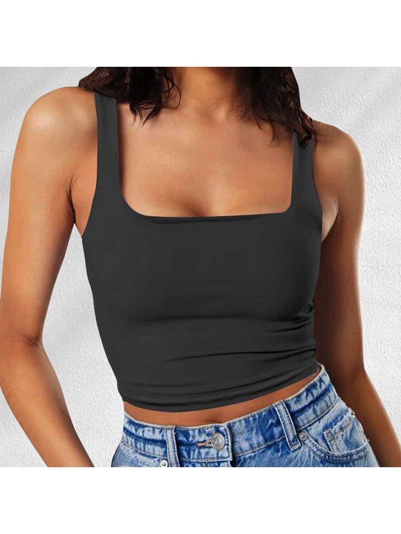 Female Tank Top for Women Plus Size 2X Womens Ribbed Tank Top Xxl Black Women Sleeveless Vest Square Neck Double Layer Fitness Casual Short Top Vest Xl