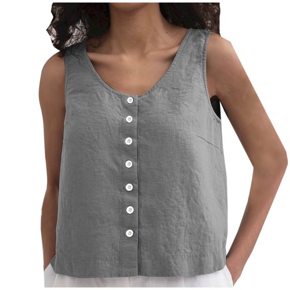 SNKSDGM Female White Tank Top Woman with Built in Bra Thick Strap Spaghetti Strap Tank Top V Neck Women Loose Lazy Button Vest Linen Loose Feel Versatile Comfortable Sleeveless Top Xxl