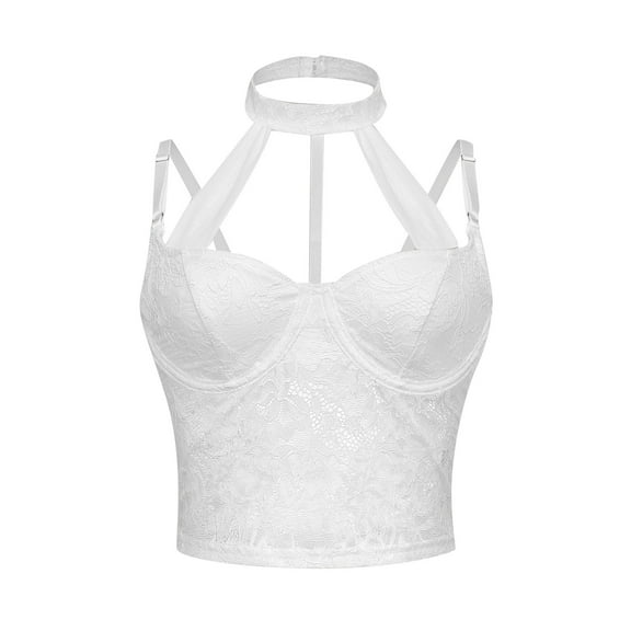 SNKSDGM Female White Tank Top Woman Women's Tank Tops with Built in Bra Women's Sexy Lace Neck Crop Tank Top Spaghetti Strap Cutout Going Out Club Bustier Camisole Cropped Tops L