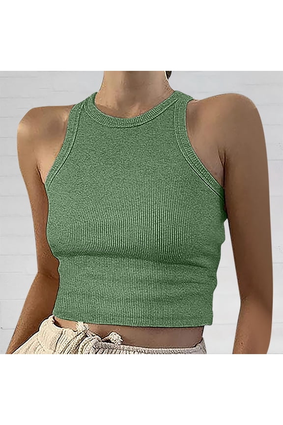 Female Women's Tank Tops Loose fit Crop Beach Tank Tops for Women Sexy Short Tops Solid Women's Vest Color Sleeveless Tank Neck Round Women's Blouse S