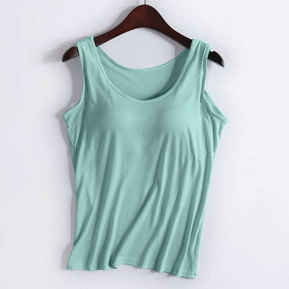 SNKSDGM Female Women's Tank Tops Racerback Ribbed V Neck Tank Tops for Women Pack Women Solid Color Tops with Chest Pad No Steel Ring Cup Shirts Wide Strap Integrated Outerwear Yoga Sports Vest L