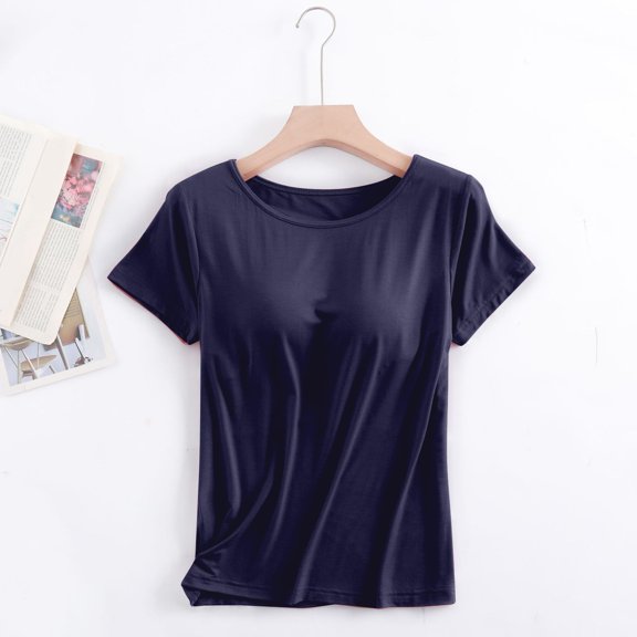 SNKSDGM Female Women's Tank Tops Square Neck Ribbed Tank Tops for Women Crop Short Sleeved T Shirt with Chest Pad Bra Cup Semi Sleeve Vest Pajamas Xxxl