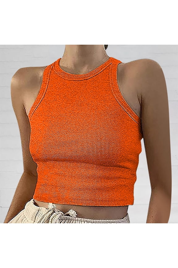 Female Womens Tank Tops Fitted Cropped Beach Tank Tops for Women Sexy Short Tops Solid Women's Vest Color Sleeveless Tank Neck Round Women's Blouse S