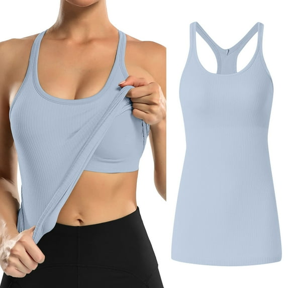 SNKSDGM Female Womens Tank Tops Fitted Long Spaghetti Strap Tank Top Flowy Ribbed Workout Tank Tops for Women with Built in Bra Tight Racerback Neck Athletic Top M
