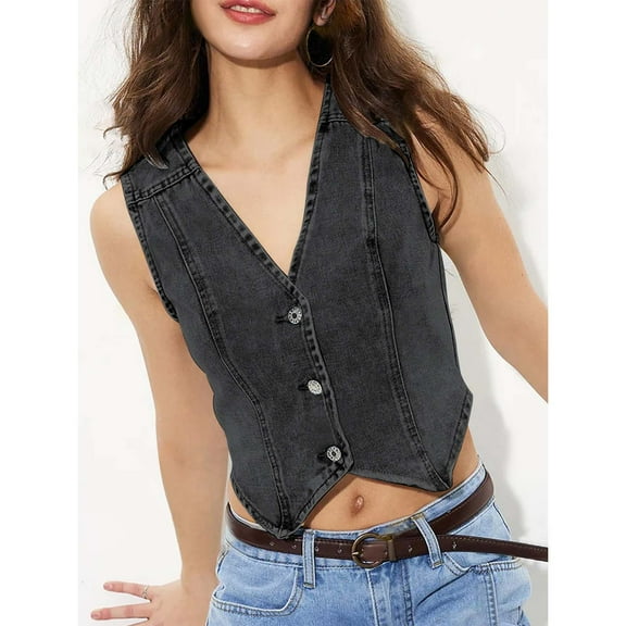 SNKSDGM Female Womens Tank Tops Loose fit Plus Size High Neck Tank Tops for Women Workout Ladies Fashion V Neck Denim Vest Versatile Top for Women Casual Wear Stylish Sleeveless Jean Blouse M