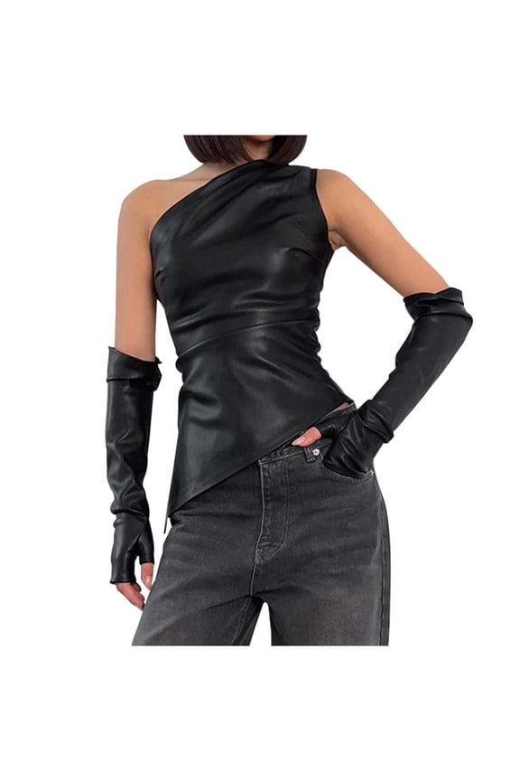 Female Womens Tank Tops Loose fit Plus Size Seamless Tank Tops for Women Plus Size Women's Summer Solid Color Streetwear Sleeveless Asymmetrical Neck Pu Leather Tank Top with Arm Warmers S