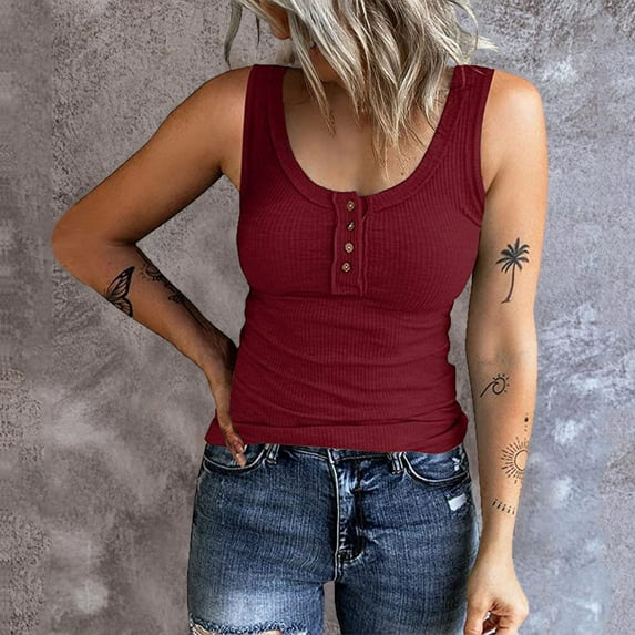 SNKSDGM Female Womens Tank Tops Plus Size White Tank Top Woman with Built in Bra Women Sleeveless Top Casual Round Knit Shirt Vest Neck Solid Splice Tanks Button Vest Xl