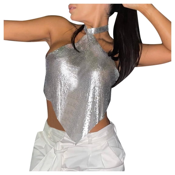 SNKSDGM Female Womens White Tank Top Dressy Extra Long Tank Tops for Women Plus Size Sparkling Metallic Sequin Top for Women Stylish Nightclub Party Crop Tank S