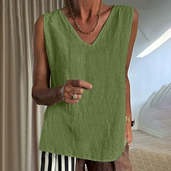 SNKSDGM Female Womens White Tank Top Loose fit Women T Shirts Women's Linen Tank Top Casual V Neck Solid Color Sleeveless Summer Basic Camisole M