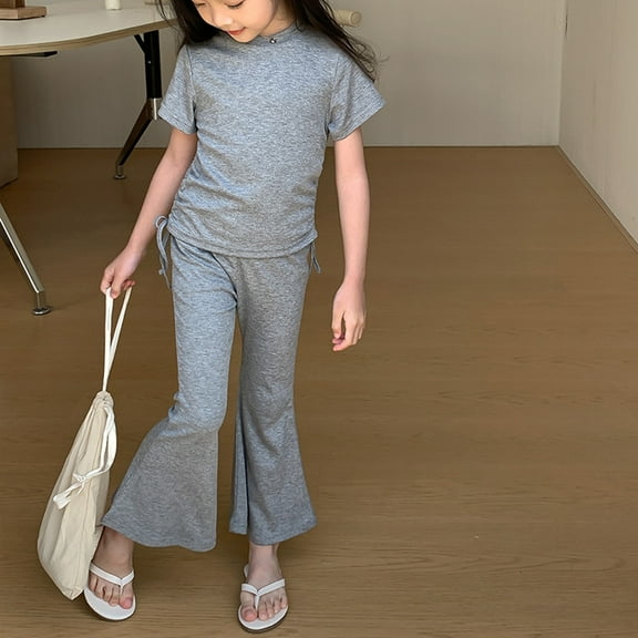 SNKSDGM Fourth of July Girls Short Sets Girls Outfits Sets Casual Summer Outfit for Toddler Girls 2 10 Years Old Drawstring Top and Flared Pants Soft Comfortable Playwear Breathable 3-4 Years