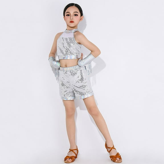 SNKSDGM Fourth of July Outfits for Girls Girls Dance Outfits Performance Sleeveless Top Shorts Fringe Set for Kids Toddler Age 3 12 Summer Elastic Playwear 5-6 Years