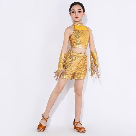 SNKSDGM Fourth of July Outfits for Girls Girls Dance Outfits Performance Sleeveless Top Shorts Fringe Set for Kids Toddler Age 3 12 Summer Elastic Playwear 8-9 Years
