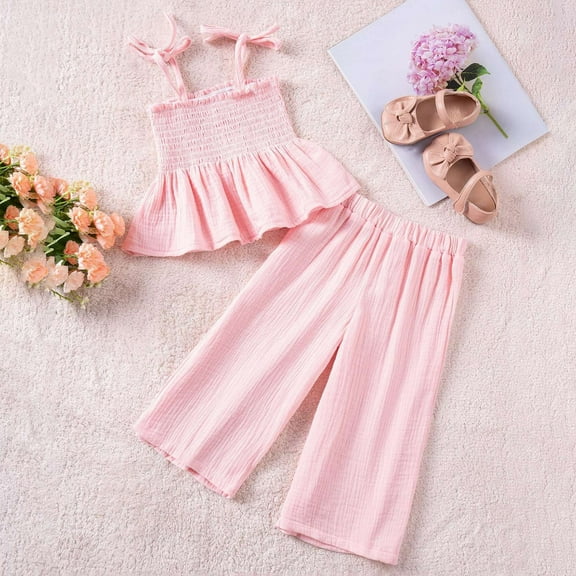 SNKSDGM Fourth of July Summer Outfits for Teen Girls Summer Clothes Toddler Girl Camisole Outfit Baby Linen Lace Smocked Sleeveless Tank Top Pants Set 1 6Y 3-4 Years