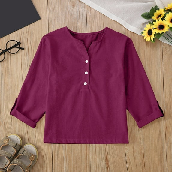 SNKSDGM Fourth of July Toddler Girl Short Sleeve Graphic T-Shirt Linen Shirts for Girl 3/4 Sleeve V Neck Blouses Buttons Loose Fit T Shirts Solid Color Summer Holiday Tops Cute Tops for Girls 12-14
