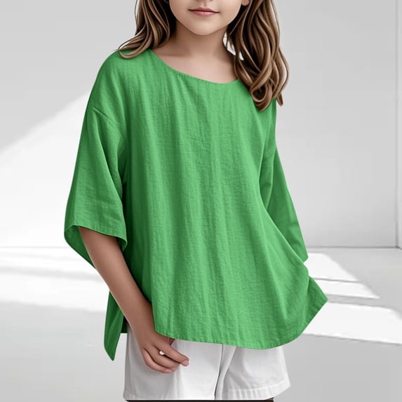 SNKSDGM Fourth of July Toddler Girl T Shirts Children Girls' Shirt 3/4 Sleeve Linen Blouse Leisure Top Elegant Top Girls T Shirt Crew Neck Plain Blouse 3 15 Years White Shirt Girls Size 8-9 3-4 Years
