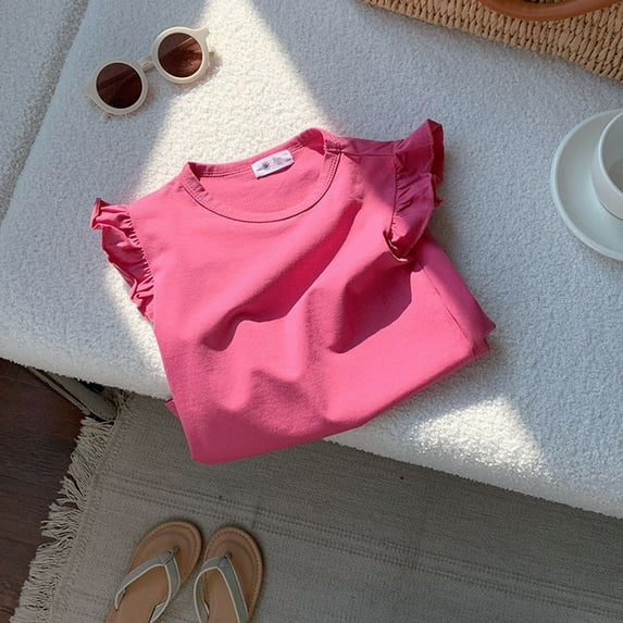 SNKSDGM Fourth of July Toddler Girl T Shirts Girls Ruffle Sleeve T Shirt Solid Color Vest Girls Basic Short Sleeve White Shirt Girls Long Sleeve 4-5 Years