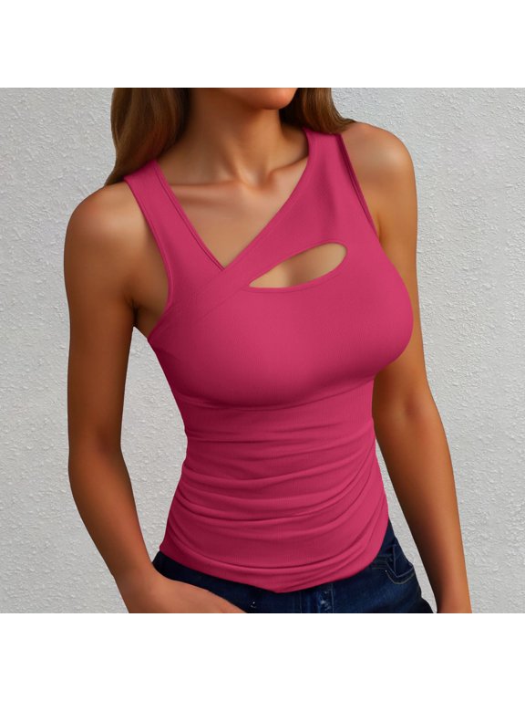 Fourth of July White Tube Tops for Women Women's Plus Summer Tube Tops Women's Sleeveless Tank Top Ribbed Summer Tops Asymmetric Neck Slim Fit Basic Shirt Ribbed Vest Stretch Top