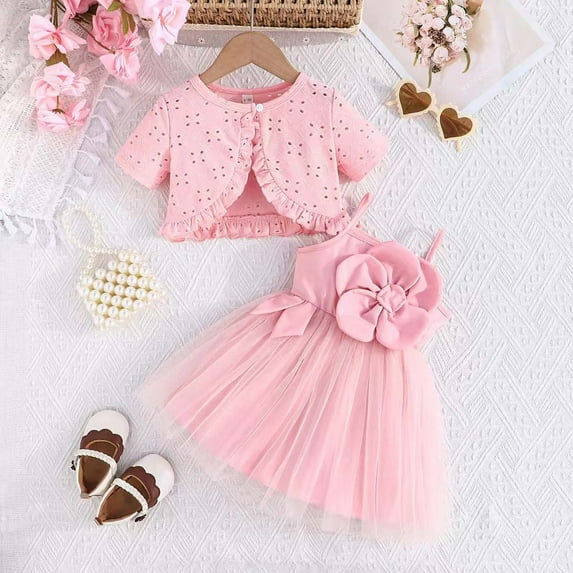 SNKSDGM Girls Baby Girl Easter Outfit 9-12 Months 2Nd Birthday Outfit Girl Baby Girls' Floral Strappy Dress & Solid Cardigan 2 Piece Set Style Matching Outfit for Toddler 9-12 Months