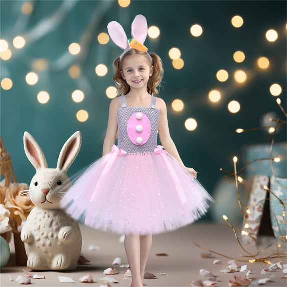 SNKSDGM Girls Baby Girl Outfits 0-3 Months Fall Spring Outfits for Girls 8-9 Skorts Toddler Girls Adorable Easter Bunny Dress Cute Rabbit Ears Party Mesh Tufted Dress 8-9 Years