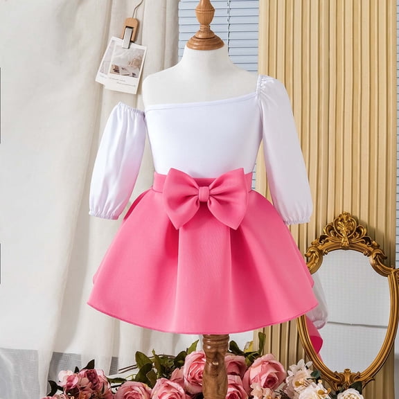 SNKSDGM Girls Baby Girl Outfits 0-3 Months Summer Baby Girl Easter Outfit 9-12 Months Girls' Fall off Shoulder Knit Sweater Top Bow Dress 2 Piece Party Outfit Set 6-9 Months