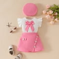 thumbnail image 1 of SNKSDGM Girls Baby Girl Spring Outfits Birthday Girl Outfit 6 Years Old Long Sleeve Toddler Girls Fly Sleeve Bowknot Ribbed Tops T Shirt Shorts Hat Outfits 12-18 Months, 1 of 6