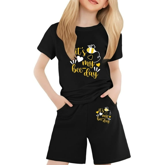 SNKSDGM Girls Birthday Girl Outfit 5 Years Old Size 6 Children's Short Sleeved Festival Series Printed Color Comfortable Round Neck T Shirt Two Piece Set (2 13 Years Old)