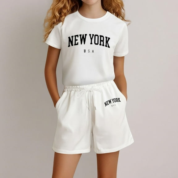 SNKSDGM Girls Birthday Girl Outfit 7 Years Old Blue Girls Summer Outfits Size 10-12 Cute Girls Fashion Letter Print Casual Loose Short Sleeve Suit Baby Girl Outfits Summer 9-10 Years