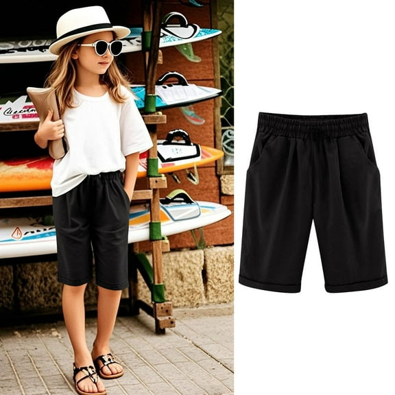 SNKSDGM Girls Cargo Pants 12 Children'sCasual Thin Outerwear Elastic Waistband Loose Five Inch Pants (3 13Y) 160