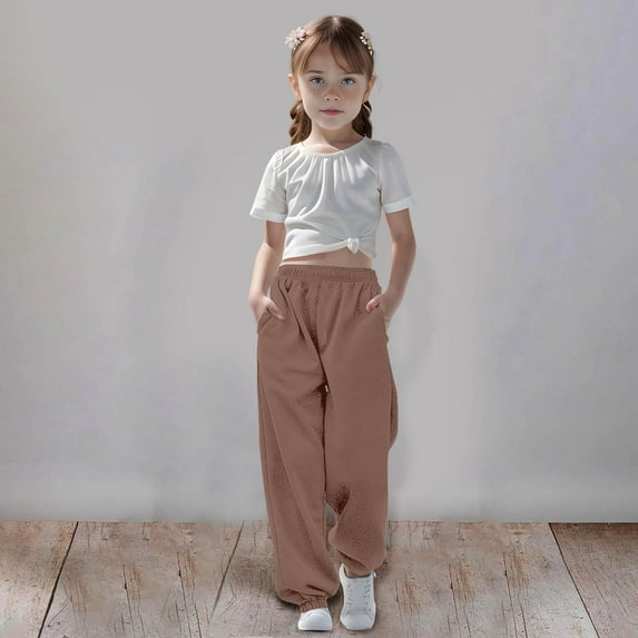 SNKSDGM Girls Cargo Pants Size 6 Medium and Large Children Casual Girls Solid Color Drawstring Sweatpants 7-8 Years