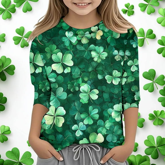 SNKSDGM Girls Cute Tops for Girls 10-12 Set Girls Cute Tops Size 7-8 Kids St. Paddy's Day Printed 3/4 Quarter Sleeve T Shirt Tops Peplum Casual 10-11 Years