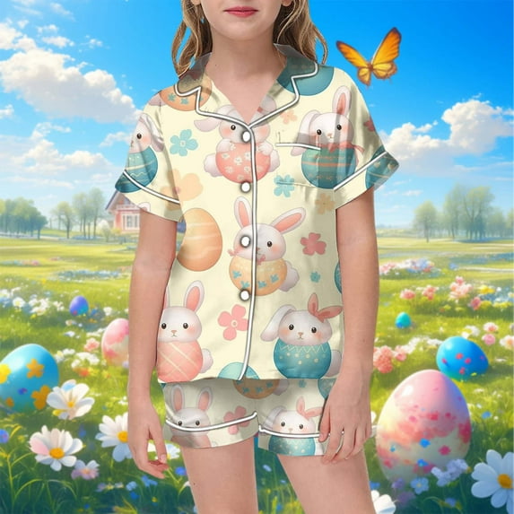 SNKSDGM Girls Easter Toddler Girl Outfit 4T 2Nd Birthday Outfit Girl Size 3T Easter Bunny Floral Print Kids Short Sleeve Pajama Set with Shorts for Boys and Girls 4-5 Years