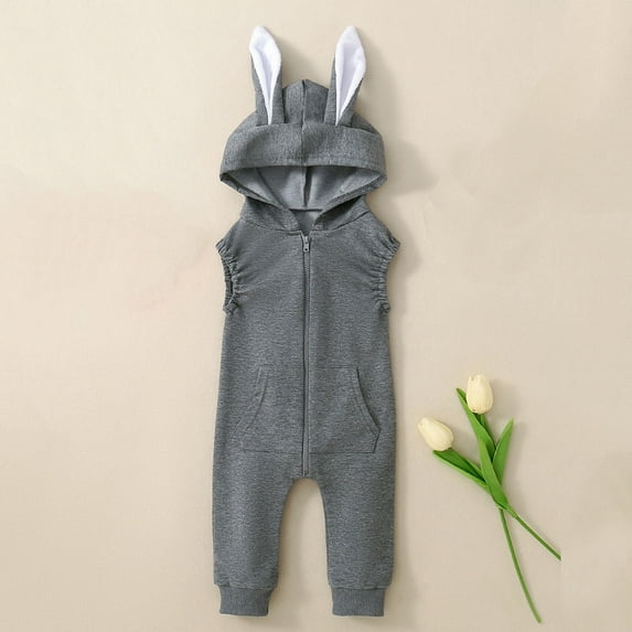 SNKSDGM Girls My First Easter Baby Girl Outfit 0-3 Months Girls Summer Outfits Size 8/10 Toddler Baby Girl Outfit Clothes Bunny Ear Romper Zipper Hooded Bodysuit Sleeveless Jumpsuit 18-24 Months