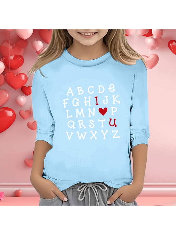 Girls Girls Cute Tops 12 Shirts for Girls 14-16 Cute Girls' Valentine's Day Print Fashion Functional Crew Neck 3/4 Quarter Sleeve Casual T Shirt Top 7-8 Years