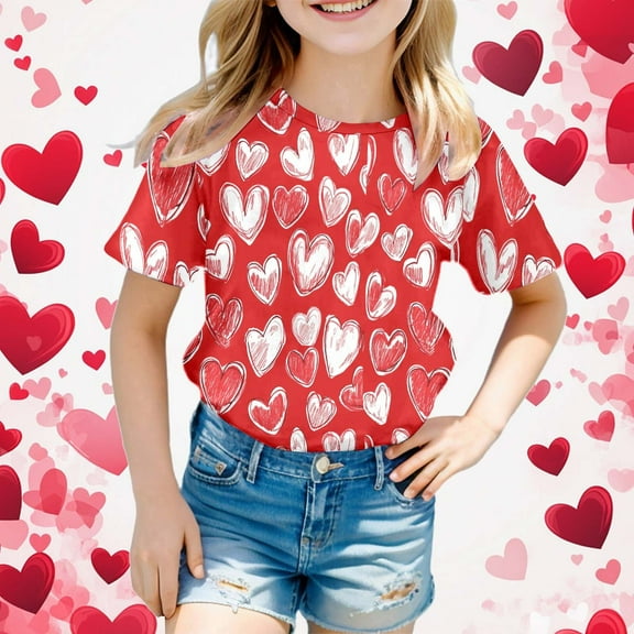 SNKSDGM Girls Girls Cute Tops Size 10-12 Set Tops for Teens Girls Trendy Summer Valentine's Day Children's Short Sleeve Top Printed T Shirt Casual Shirt 6-7 Years