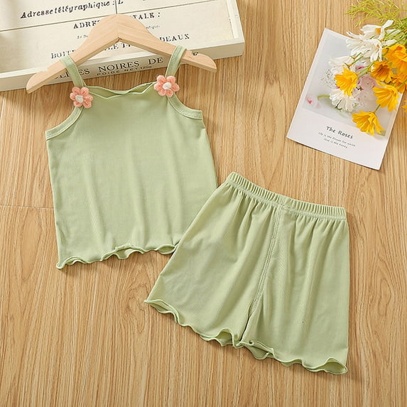 SNKSDGM Girls Girls Easter Outfits Size 10-12 Birthday Girl Outfit 4 Year Old Toddler Baby Girl Summer Two Piece Outfit Set Sleeveless Camisole Strap Tank Top and Shorts Folwer Clothes 3-4 Years