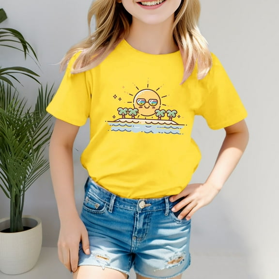 SNKSDGM Girls Girls Shirts Size 12-14 T-Shirt Clothes for Teen Girls 12-14 Boys Girls' Island Print Casual T Shirt Fashion Kids' Comfort Fit Top for Beach & Daily Wear 12-18 Months