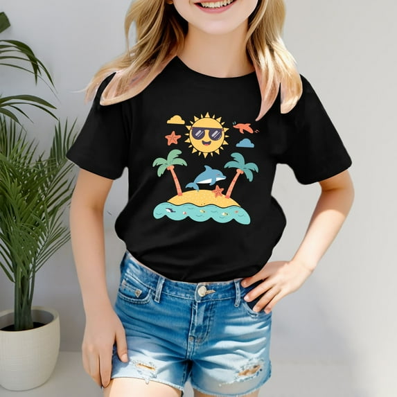 SNKSDGM Girls Girls Shirts Size 12-14 Trendy Cute Teen White T Shirts for Girls 5T Boys Girls' Island Print Casual T Shirt Fashion Kids' Comfort Fit Top for Beach & Daily Wear 6-7 Years