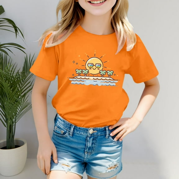 SNKSDGM Girls Girls Shirts Size 14 16 Clothes for Teen Girls 12-14 Boys Girls' Island Print Casual T Shirt Fashion Kids' Comfort Fit Top for Beach & Daily Wear 5-6 Years